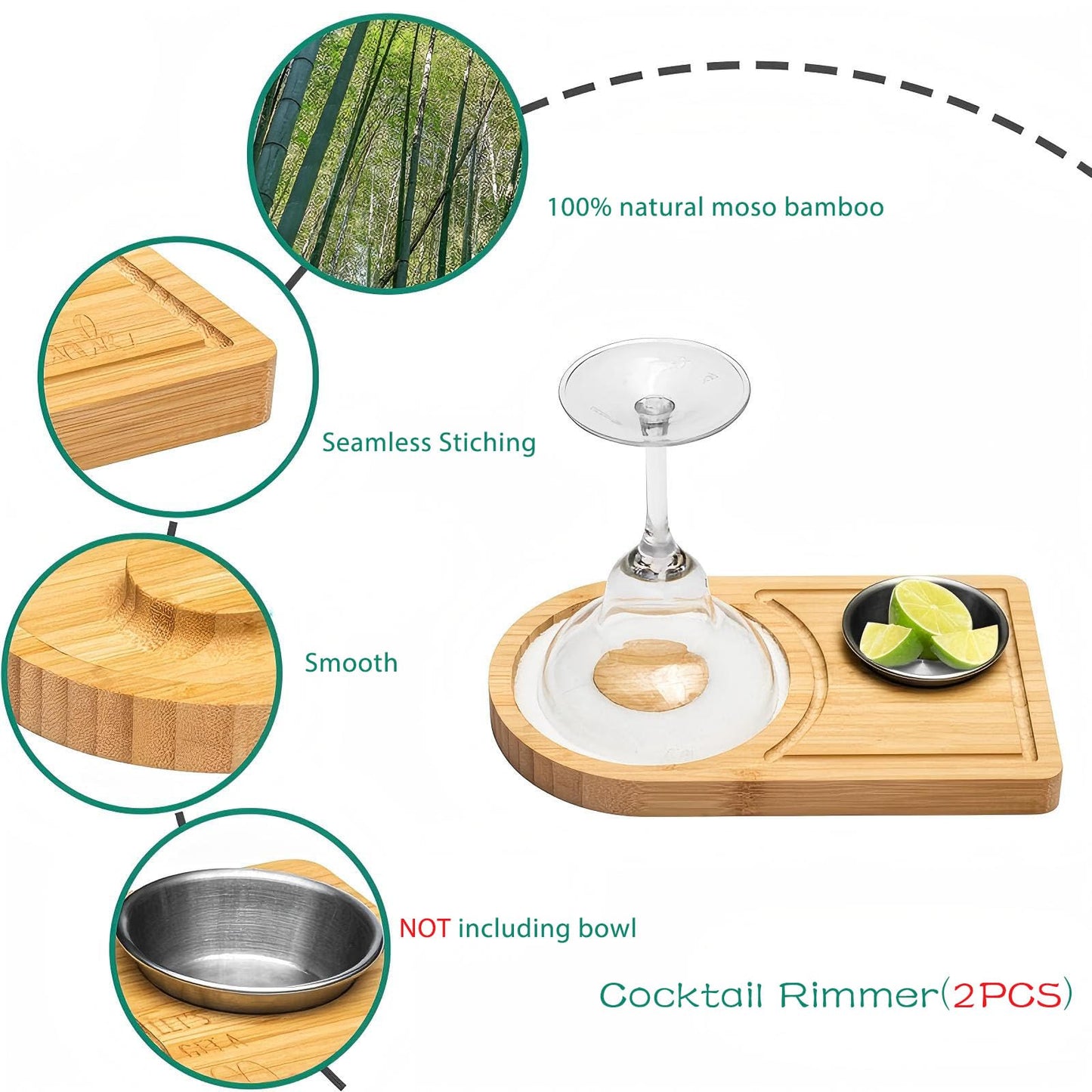 Margarita Salt Rimmer 2PCS, HOMOMSAE Bamboo Wood Cocktail Rimmer Set for Wide Glasses up to 4.5 Inches(Excluding Salt Bowl)