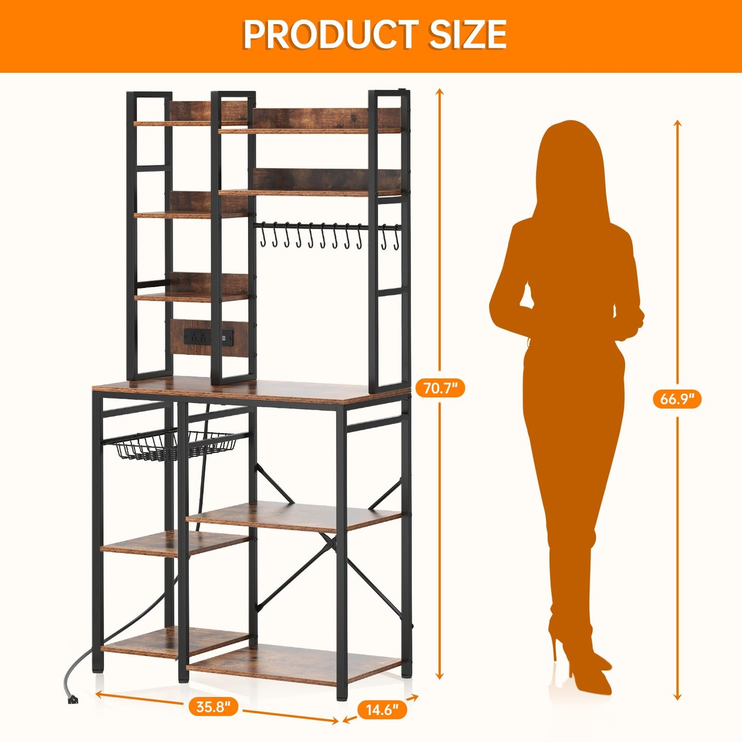 Airynee Bakers Rack with Power Outlet, 7-Tier Microwave Stand, Large Coffee Bar Stand with 12 Hooks & Wire Basket, Metal Kitchen Shelf Organizer for Pots, Spices, Easy Assembly, Rustic Brown