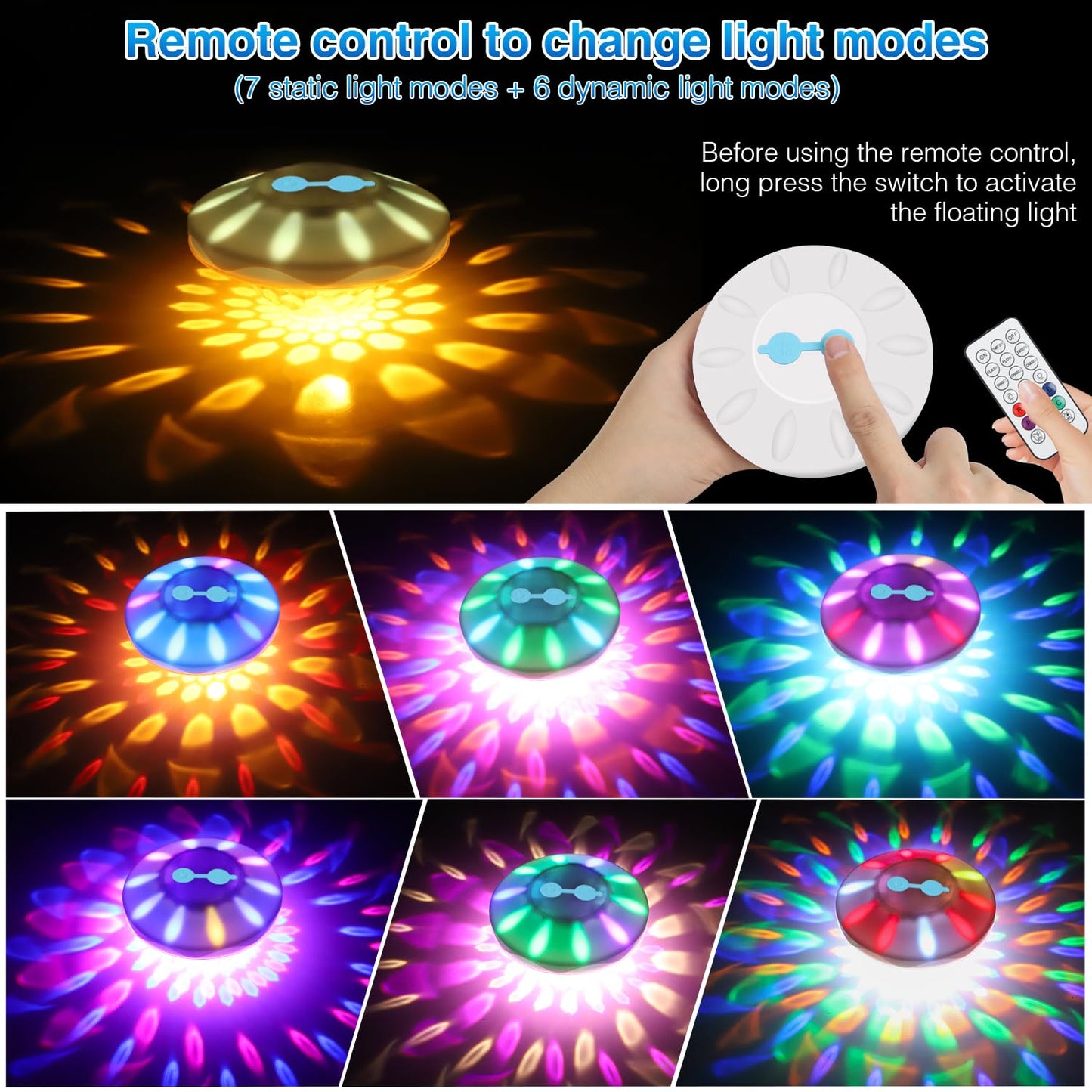 BOXPSII Rechargeable Floating Pool Lights, Pool Lights with 6 Dynamic Lighting, IP68 Waterproof Pool Light RGB Upper and Lower Color Changing LED Pool Light for Pools, Party, Fountains 1PACK