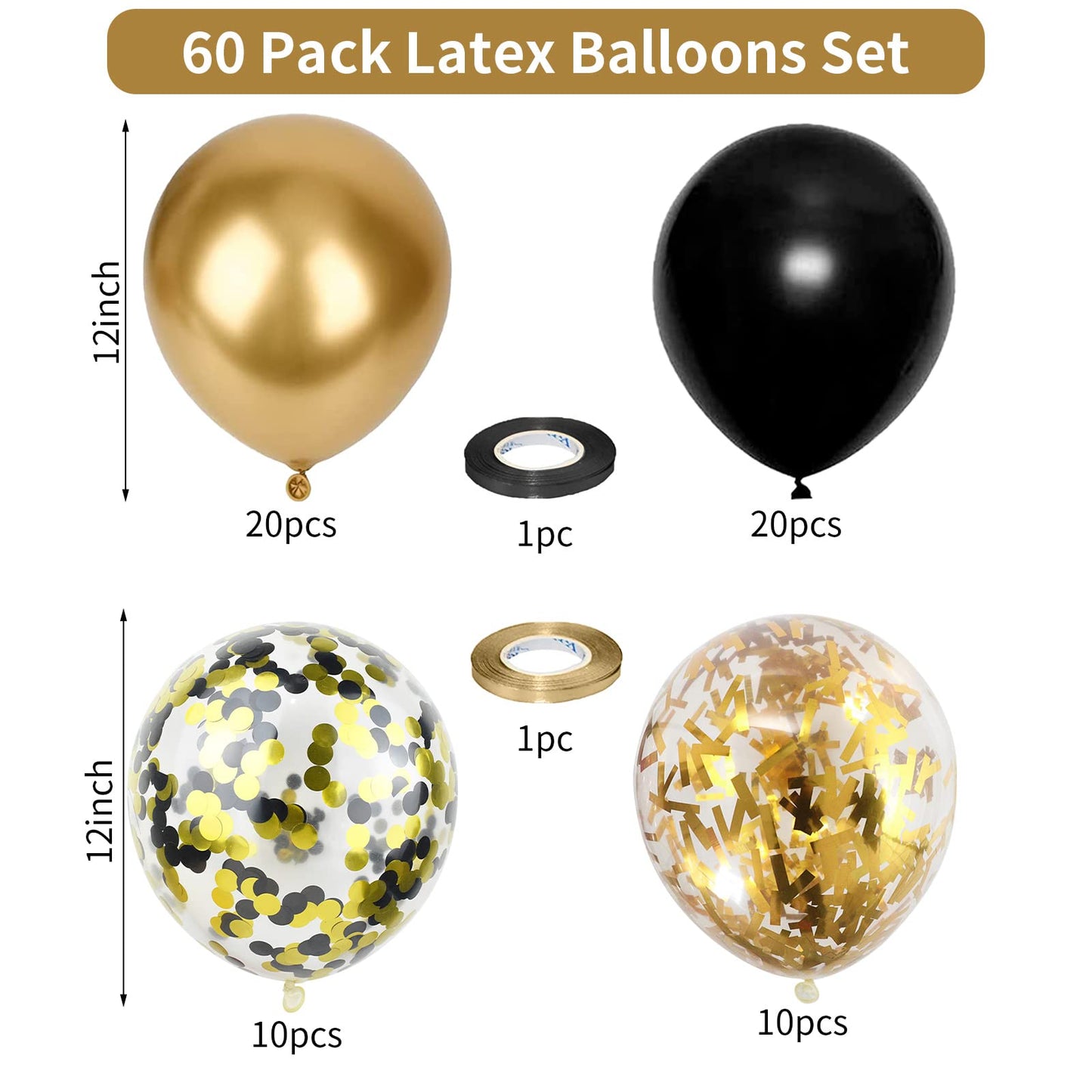 Balloons Black Gold, 60 Packs 12 Inch Black Metallic Chrome Gold Latex Balloons with Gold Confetti Balloon for Men Women Birthday Wedding Baby Shower Graduate Father's Day Anniversary Decorations