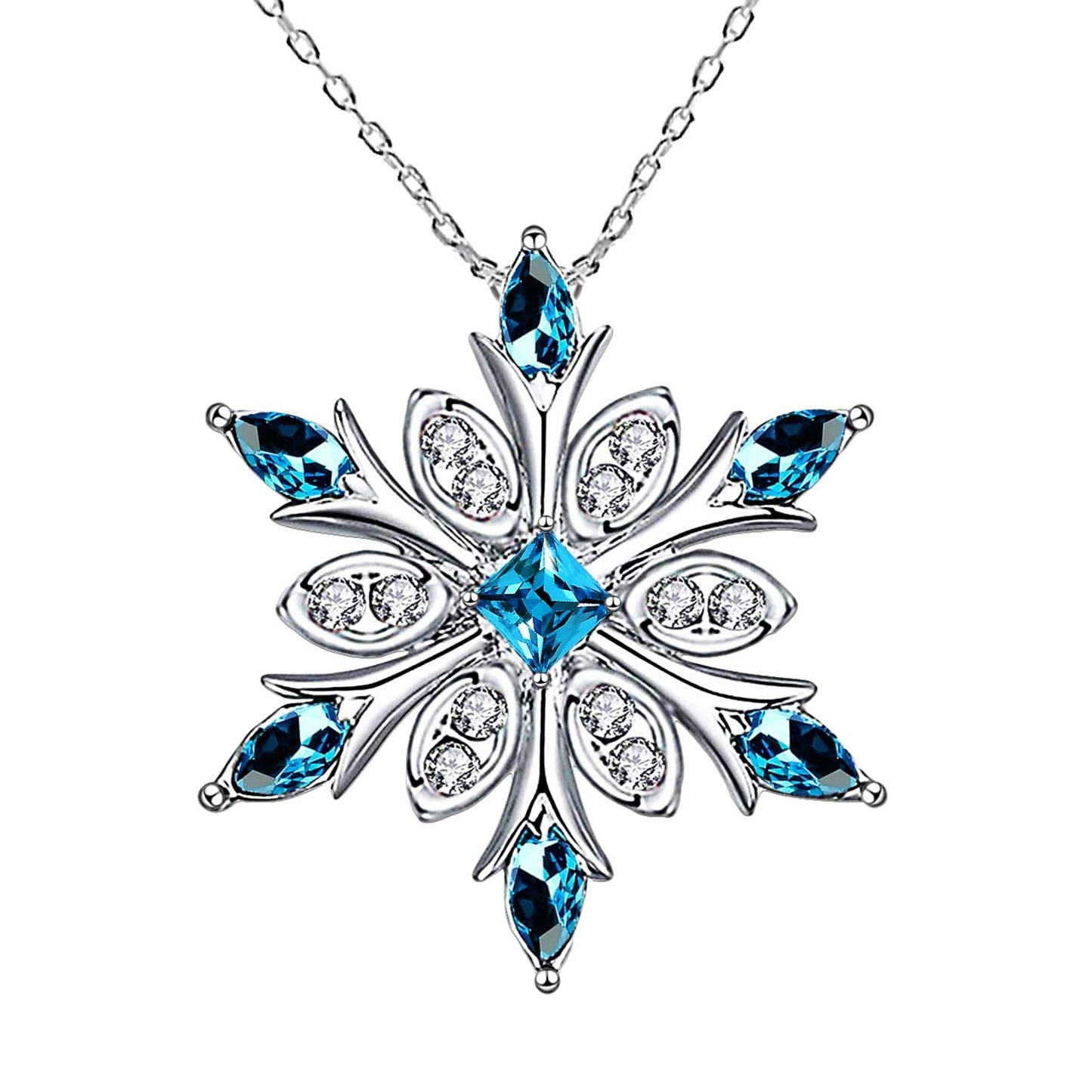 Elensan Women's 925 Sterling Silver Blue Crystals Snowflake Pendant Fashion Necklace Collarbone Chain