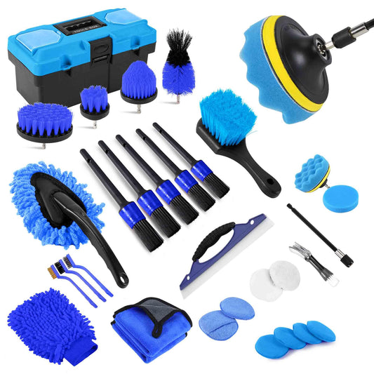35Pcs Car Detailing Kit, Drill Brush Attachments with Detailing Brush Set and Tools Box, Red Auto Cleaning Kit Interior for Wheels, Dashboard, Windows (B：35PCS-R)