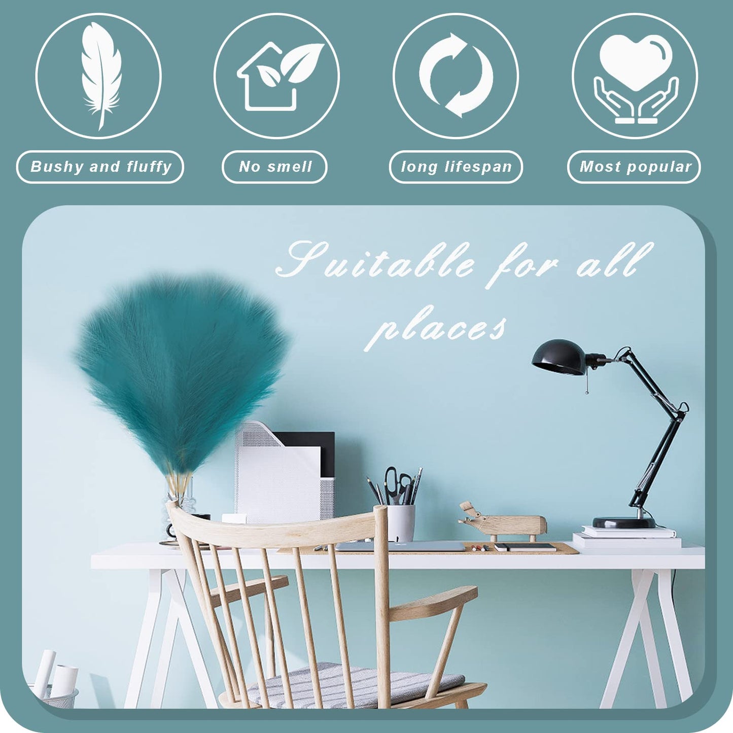 ULENDIS 8Pcs Faux Pampas Grass Boho Decor - 18" Fluffy Artificial Pampas Grass Branches for Vase Fillings, Flower Arrangements, Home Wedding Decor (Blue)