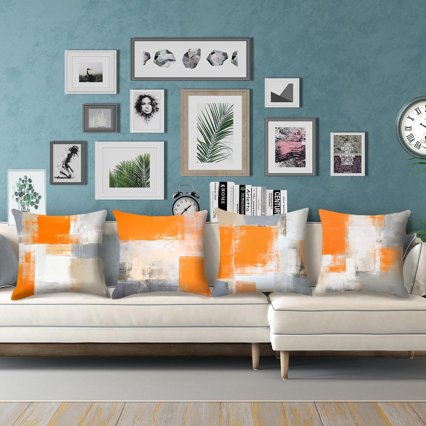 HOSTECCO Orange and Grey Throw Pillow Covers 18x18 inch Set of 4 Orange Abstract Art Pillow Cases Contemporary Square Decorative Cushion Covers for Sofa Couch Bed