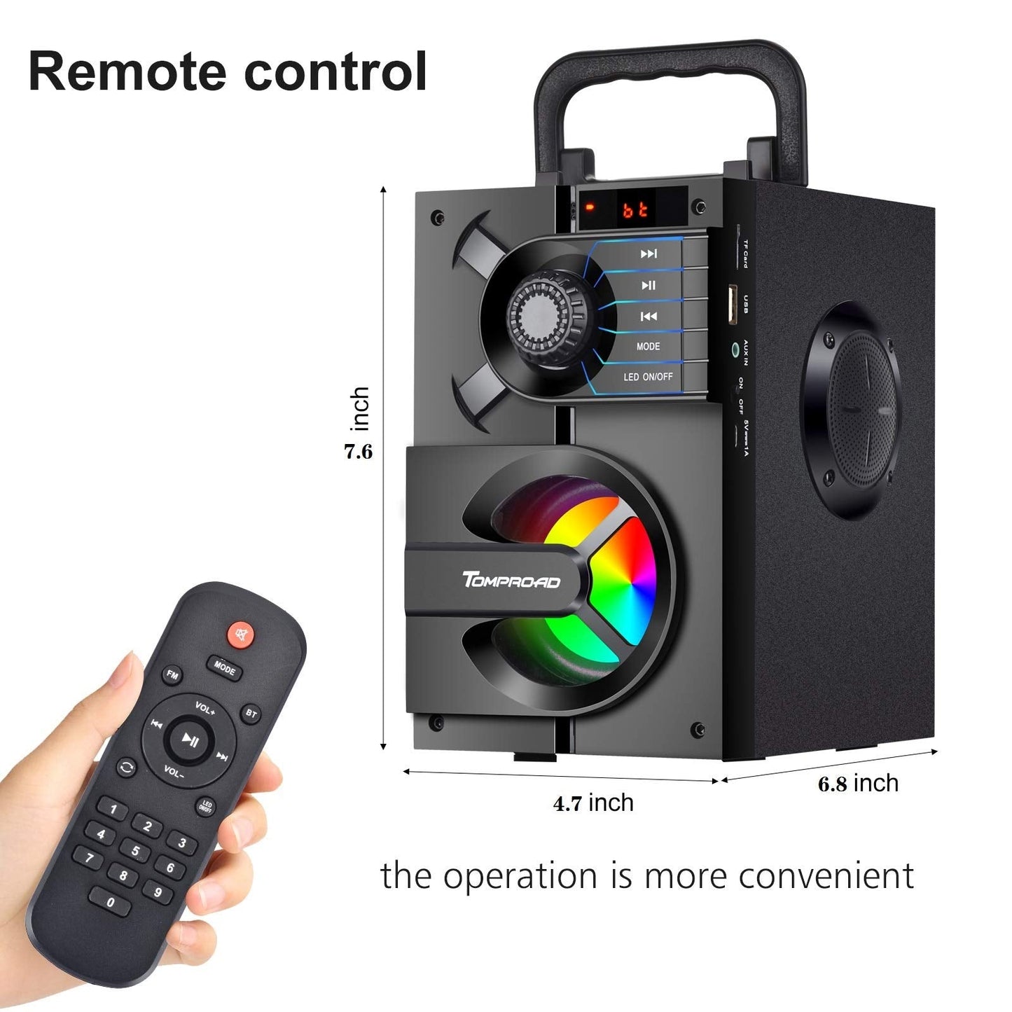 TOMPROAD Bluetooth Speaker, Portable Bluetooth Speakers with Subwoofer Wireless Stereo Sound Rich Bass Outdoor Party Speakers Support Remote Control FM Radio LED Lights