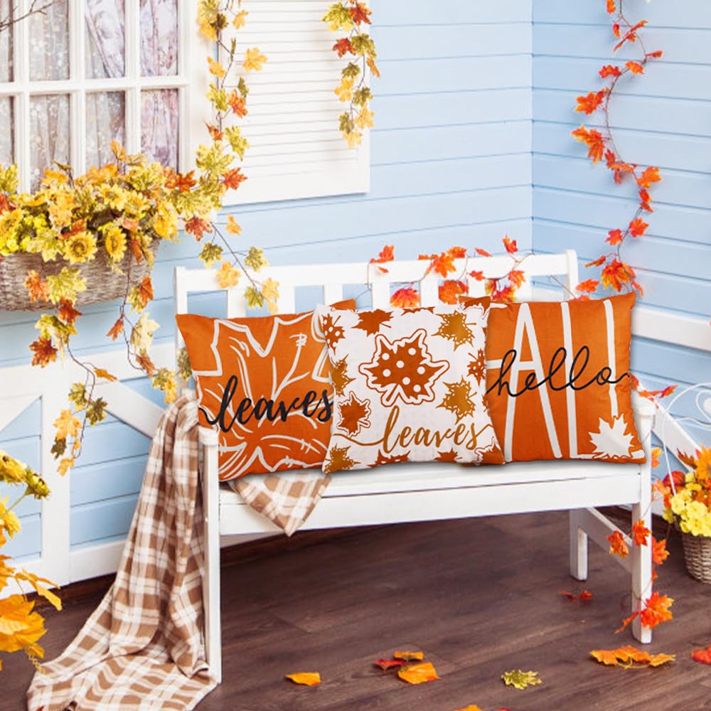 Heirloom Haven 4pcs Fall Pillow Cover 18x18in Thanksgiving Hello Maple Leaves Buffalo Throw Pillow Cases Decoration Autumn Harvest Cushion Pillow Covers for Farmhouse Couch Sofa Outdoor Home Decor