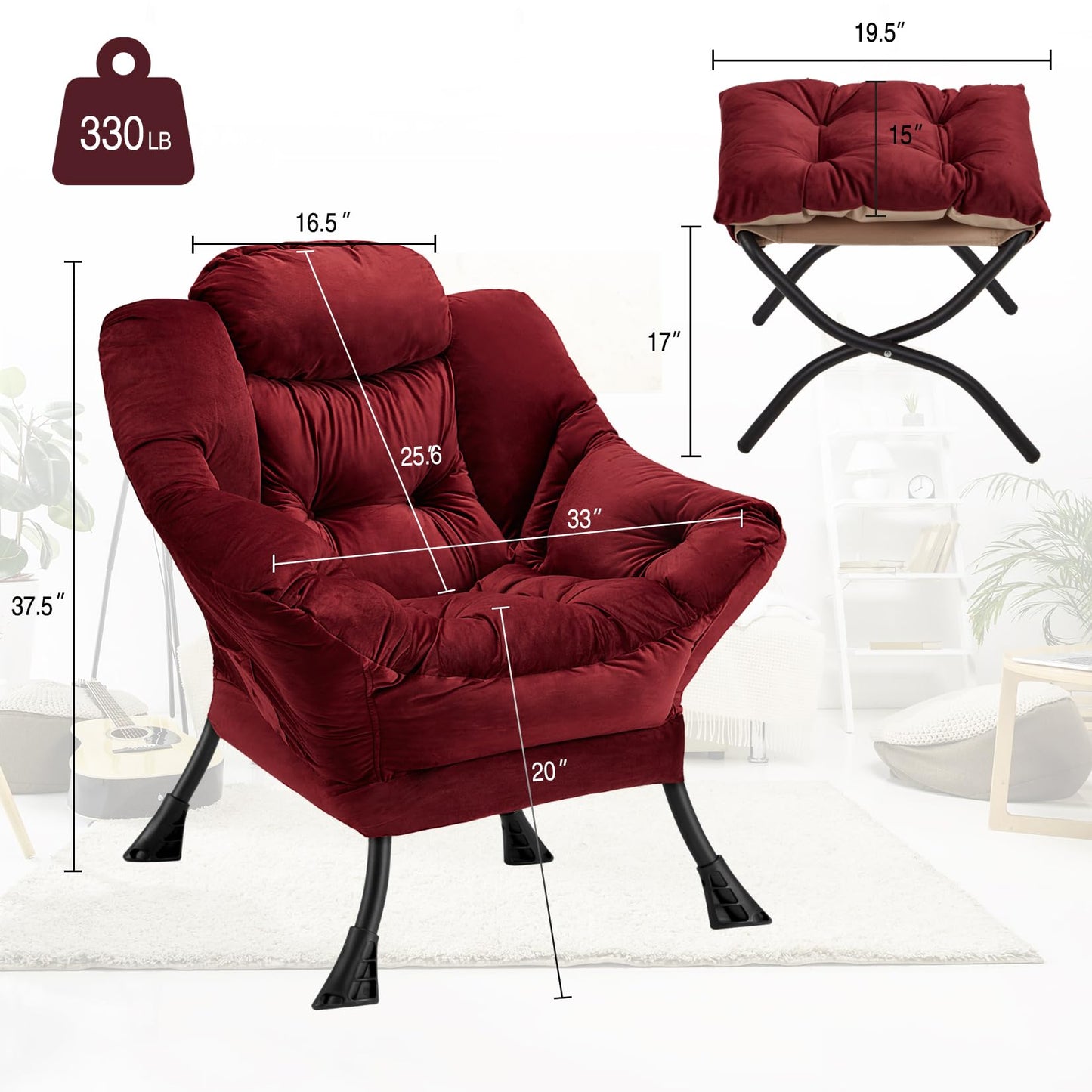 Congermom Lazy Chair with Folding Ottoman Modern Large Accent Chair,Contemporary Lounge Leisure Sofa Chair with Armrests Upholstered Sofa Armchair Reading Chair for Bedroom,Dorm&Office (Dusty Rose-f)