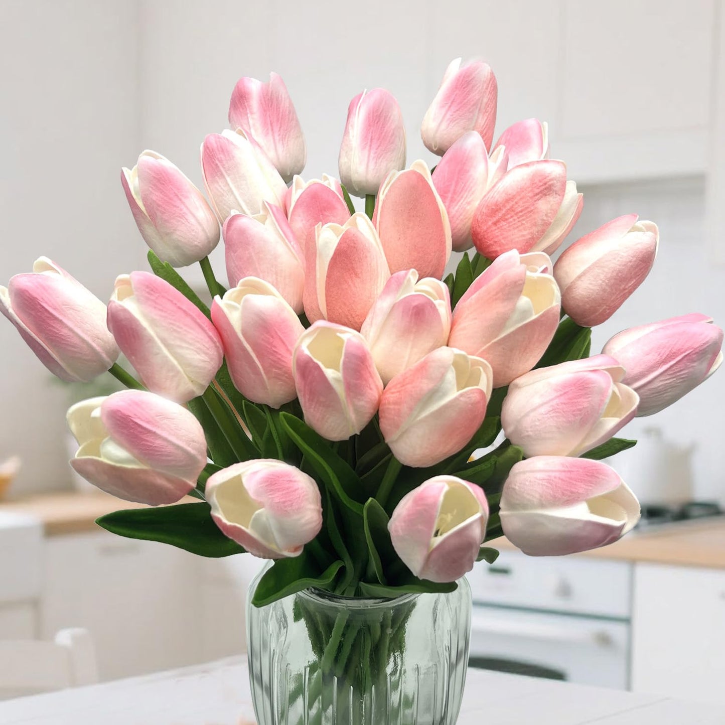 Carfoeny 16pcs Tulips Artificial Flowers Faux Tulip Bulbs Real Touch Bouquet Fake Pink Silk Tulips Floral Arrangement for Wedding Mothers Day Halloween Home Indoor Outdoors Tables Vase Planters Decor