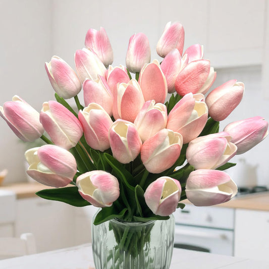 Carfoeny 16pcs Tulips Artificial Flowers Faux Tulip Bulbs Real Touch Bouquet Fake Pink Silk Tulips Floral Arrangement for Wedding Mothers Day Halloween Home Indoor Outdoors Tables Vase Planters Decor