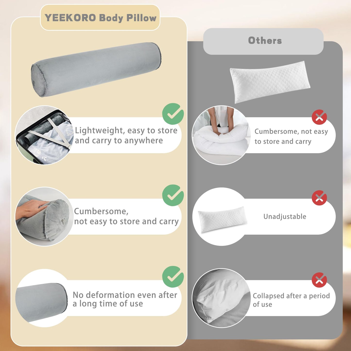 YEEKORO Long Body Pillow for Adults, Inflatable Full Body Pillow, Multifunctional Side Sleeper Pillows, Round Bolster Pillow for Bed (Grey, 120cm/47.24inch)