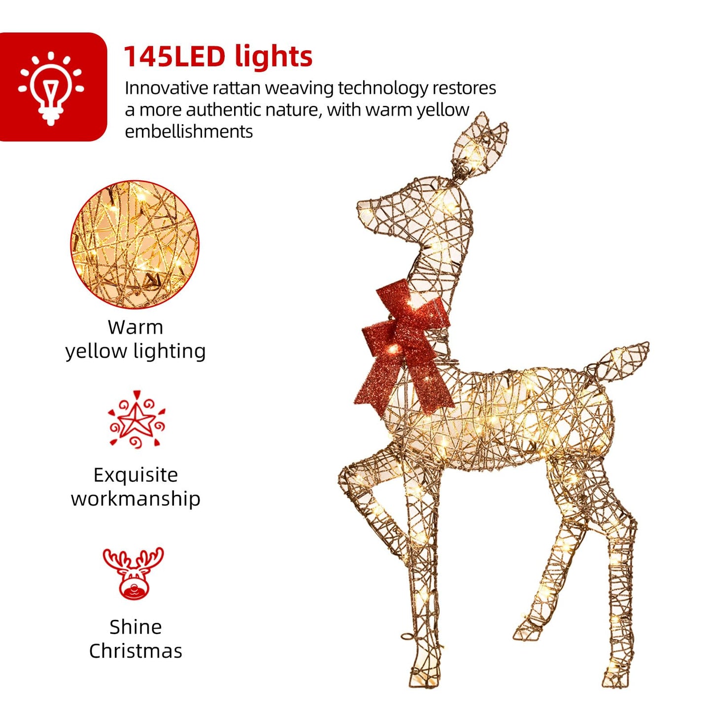 HOYECHI 4ft Christmas Decorations Outdoor Lighted Reindeer – 3-Piece 2D Deer Family Set with 145 Warm White LED Lights for Yard, Lawn, Garden & Porch Holiday Display - Rattan