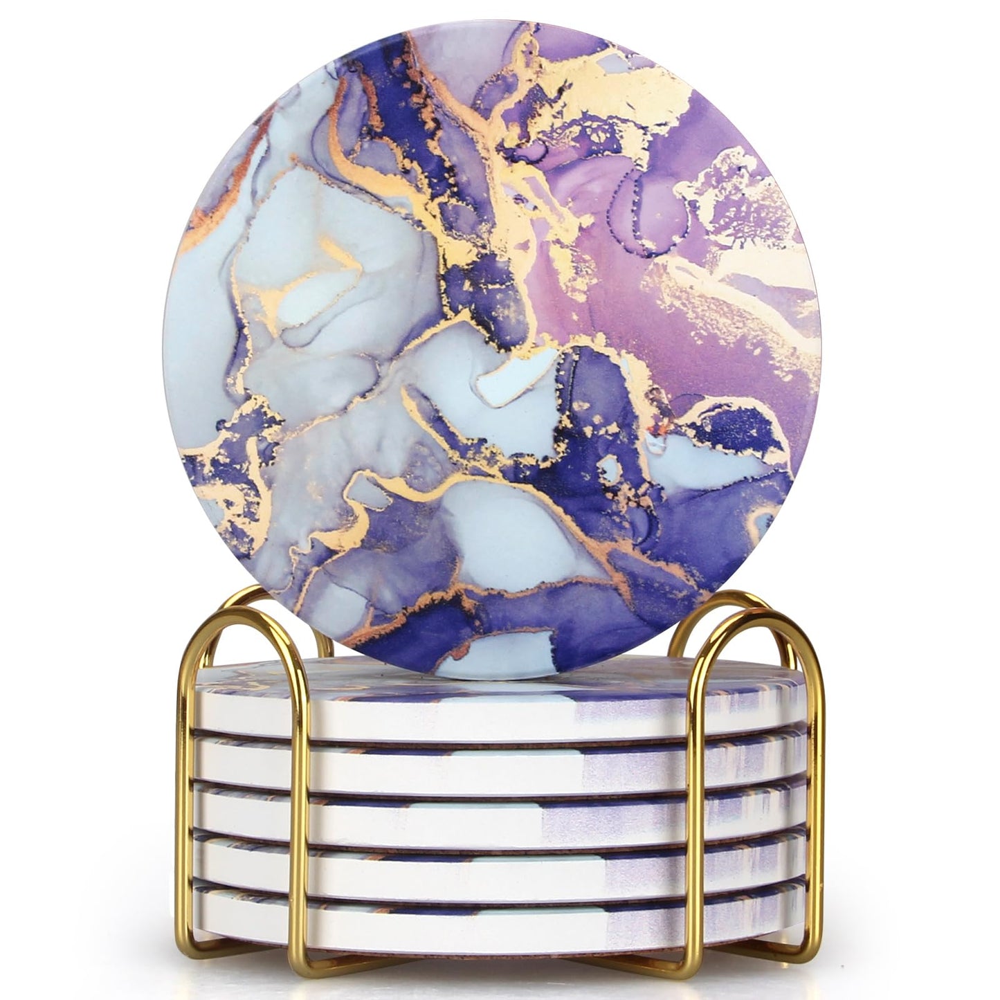 Purple Agate Coasters with Holder Drink Coaster Set of 6 Modern Marble Coasters Unique Coaster for Coffee Table Decor Gift Women Kitchen Accessories Bar Coster Cup Cool Cute Ceramic Coasters