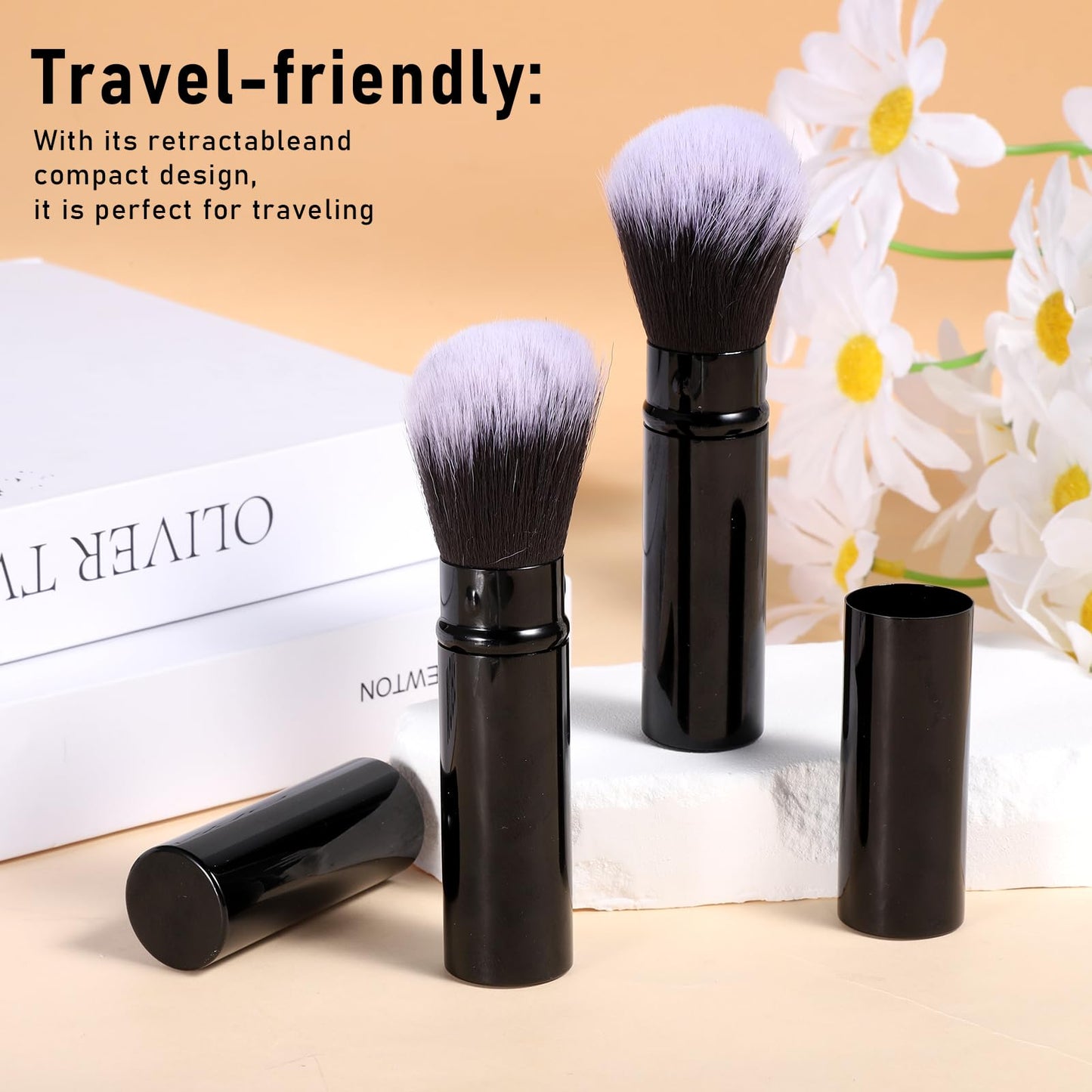 BOHUIZ 2 Pack Retractable Makeup Brush, Travel Kabuki Foundation Brush Face Blush Brushes for Blending Liquid Blush Sunscreen Bronzer Buffing Flawless Cosmetics