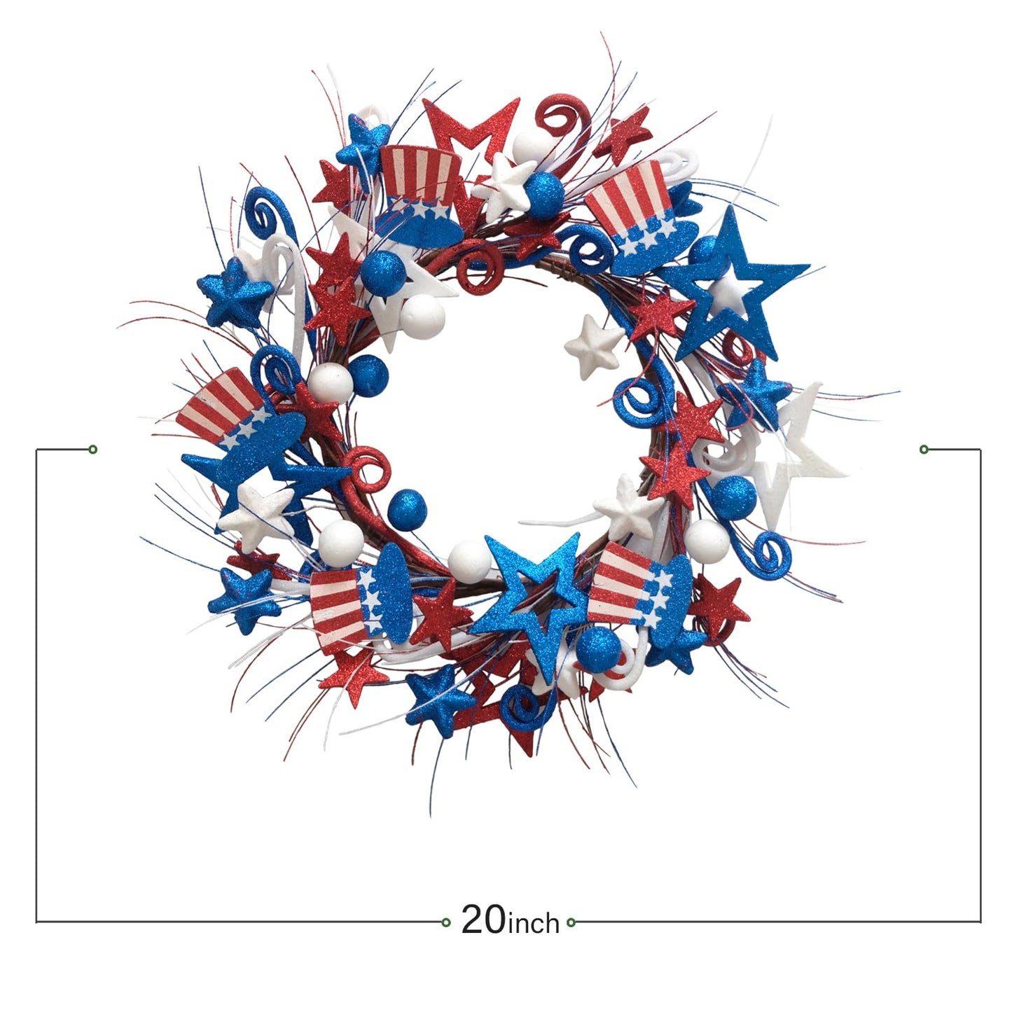 Bibelot 20in Red White Blue Artificial Floral Twig Wreaths American Flag Wreath Patriotic Decorations Wreaths 4th of July Independence Day Flag Day Hanging Decoration