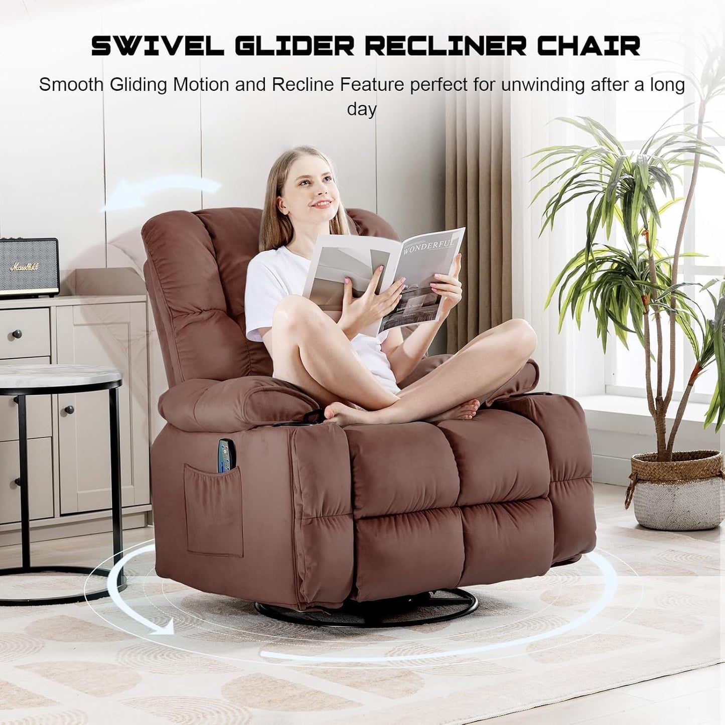 COMHOMA Recliner Chair, Swivel Rocker Recliner with Cup Holders, Heat and Massage, Fabric Recliners Sofa for Living Room (Brown)