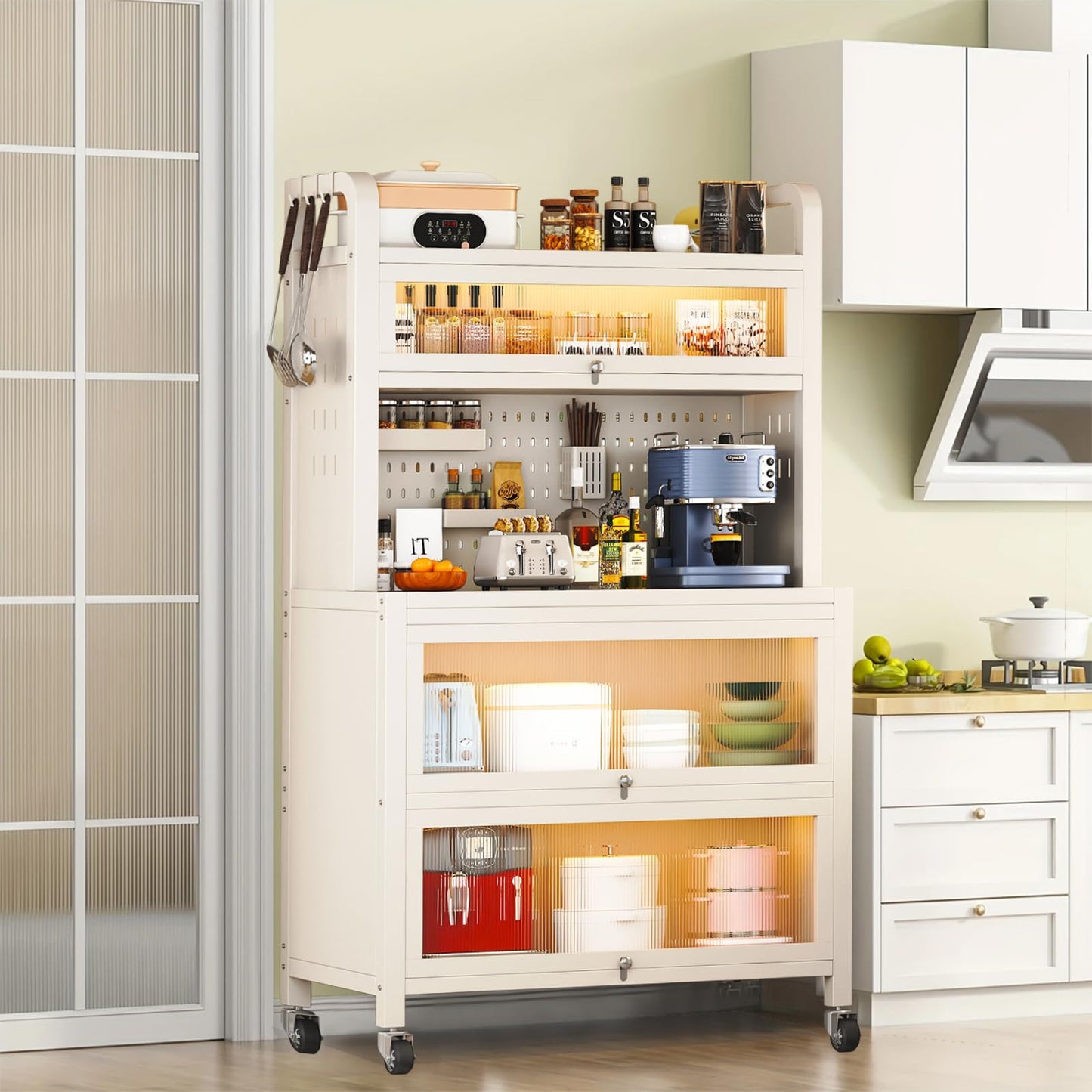 Voclym Bakers Rack with Wheels, 5-Tier Coffee Bar with Wheels, Microwave Stand with Storage, Kitchen Shelves for Kitchen Pantry, Storage Room, White