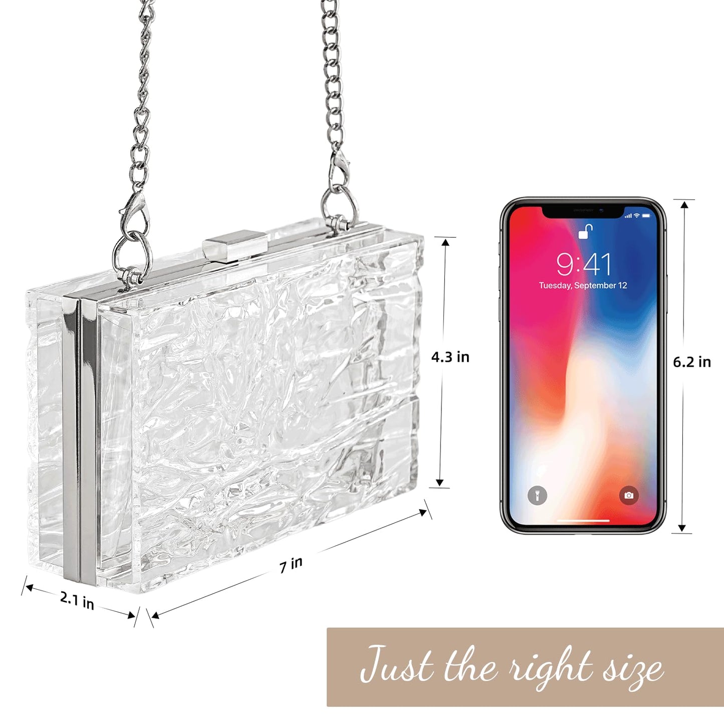 WJCD Womens Clear Purse Acrylic Evening Bags clear clutch purse Ripple Shaped Vintage Banquet Handbag (Silver)