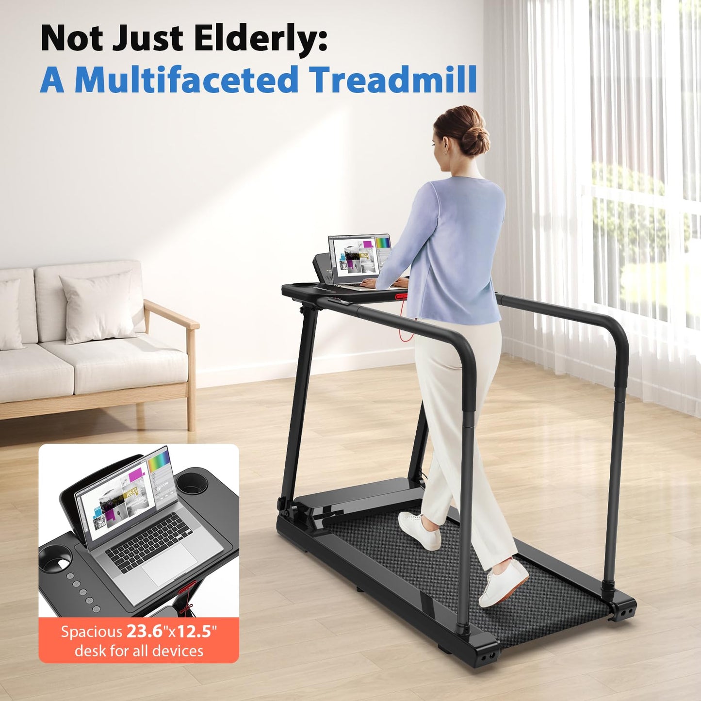 CIIHI Walking Treadmill for Senior - 350 lbs Senior Treadmill for Home with Long Handrails - Recovery Fitness Exercise Machine for Elder with Desk Workstation, Bluetooth Speaker