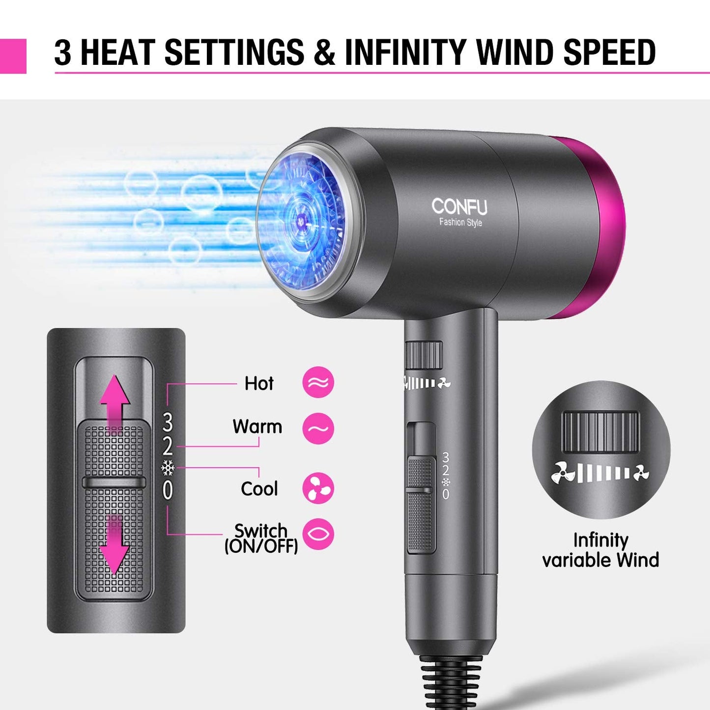 CONFU Ionic Blow Dryer 1600W, Portable Lightweight Fast Drying Negative Ion Hairdryer Blowdryer, 3 Heat Settings & Infinity Speed, with Diffuser and Concentrator Nozzle for Home & Travel