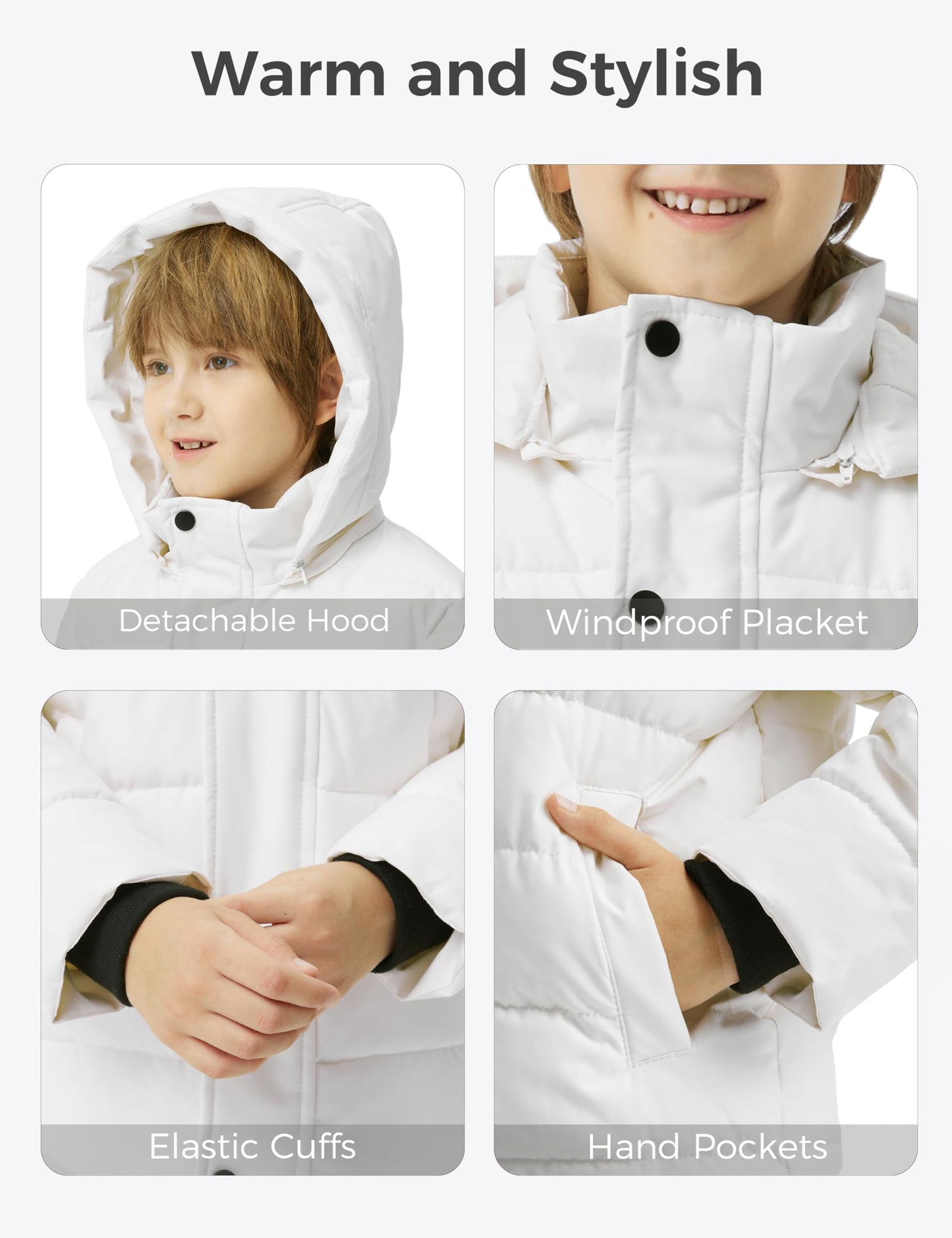 wantdo Boys' Winter Coat Waterproof Puffer Jacket Thicken with Hood White 10-12