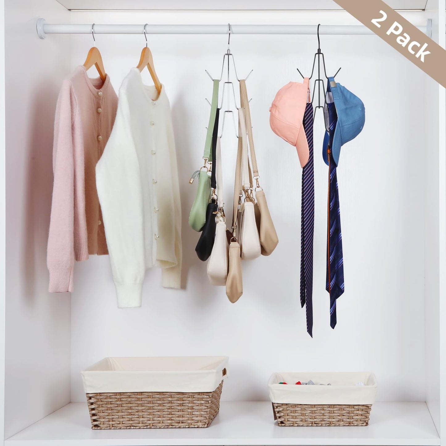 TOPIA HANGER Purse Hanger Organizer for Closet, 2-Pack Handbag Organizer Hanger, 360°Swivel Metal Purse Hooks, Bag Rack, Belt Organizer, Tie Rack, Scarf Hanger, Bag Storage Organizer, Silver