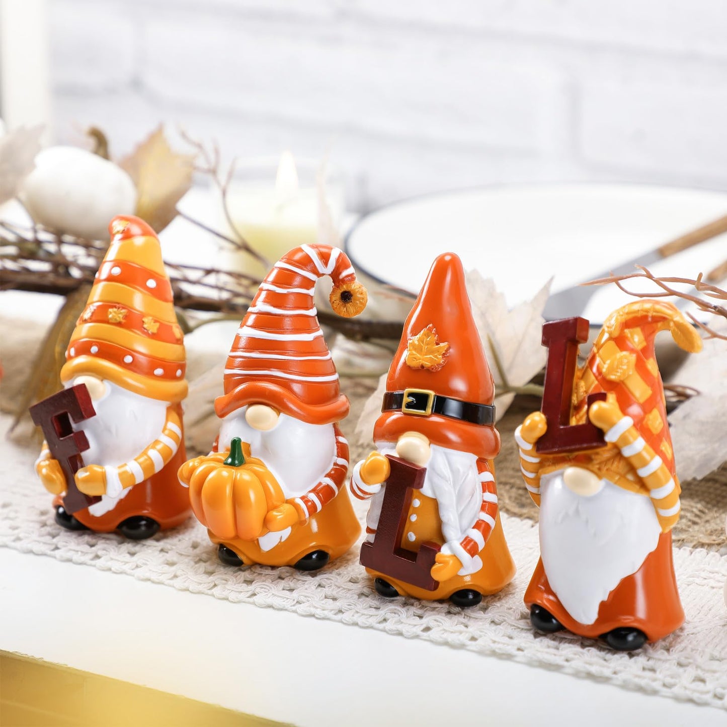 ShinyRelief 4 Pcs Fall Figurines Resin Gnome Tabletop Autumn Sculpture Decoration Maple Leaf Pumpkin Sunflower Table Centerpiece for Dining Room Home Party Supplies Gifts Decor