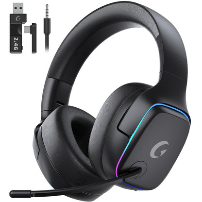 2.4GHz Wireless Gaming Headsets for PS5, PS4, PC, Switch - Bluetooth 5.3 Gaming Headphones with Noise Canceling Mic, 7.1 Surround Sound, 70H Battery, Blue Lighting - White