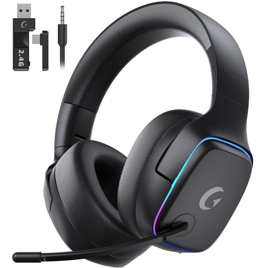2.4GHz Wireless Gaming Headsets for PS5, PS4, PC, Switch - Bluetooth 5.3 Gaming Headphones with Noise Canceling Mic, 7.1 Surround Sound, 70H Battery, Blue Lighting - White