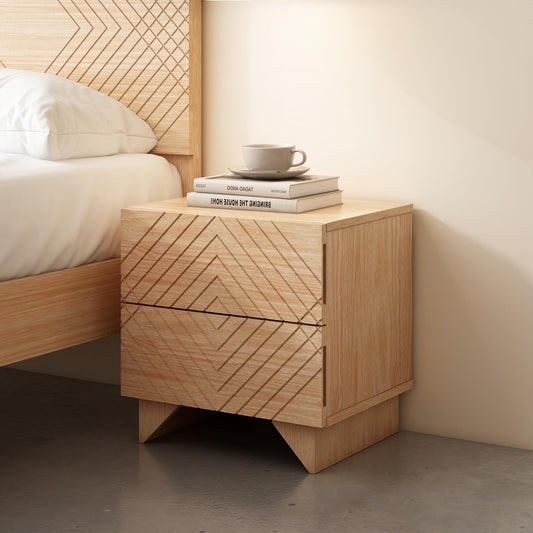 MUSEHOMEINC Solid Wood Nightstand with 2 Drawer Storage, Modern Beside Table, Small 2 Drawer Dresser, Night Stand with Two Unique Rhombus Details Drawers for Bedroom, Home,Living Room