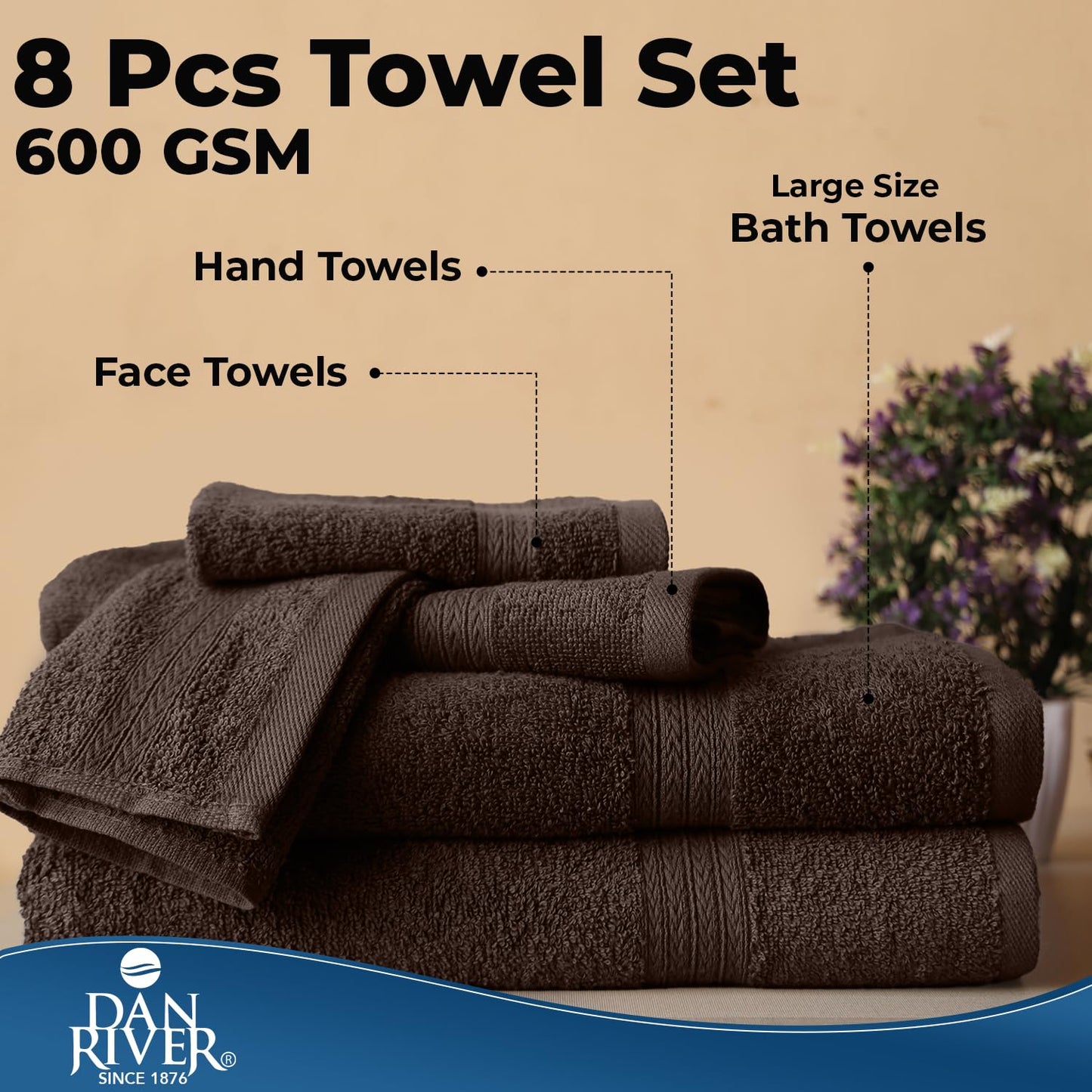DAN RIVER 100% Ring Spun Cotton 8-Piece Towel Set, Brown, 2 Bath Towels, 2 Hand Towels and 4 Washcloths, 550 GSM - Soft and Absorbent for Bathroom, Spa, and Gym