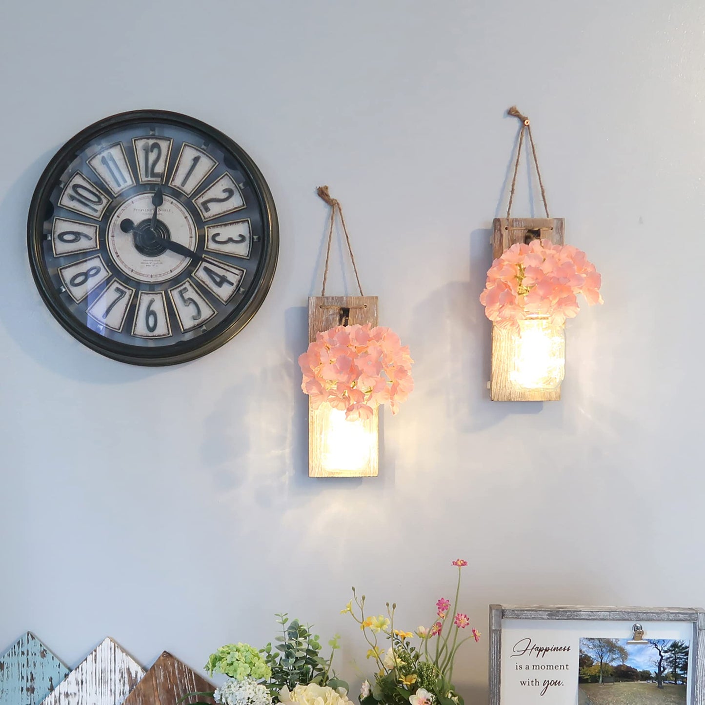 Besuerte Mason Jar Wall Decor Set of 2, Farmhouse Decor Living Room, Country Inspirational Rustic Hanging Accent Wall Decor with Remote Fairy Light & Pink Hydrangea Flowers(Medium,Rustic Brown)