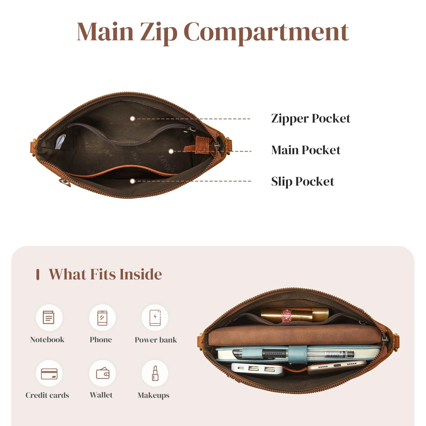 S-ZONE Crossbody Bags for Women Trendy Genuine Leather Small Shoulder Bag Purses with Wide Strap (Cognac)