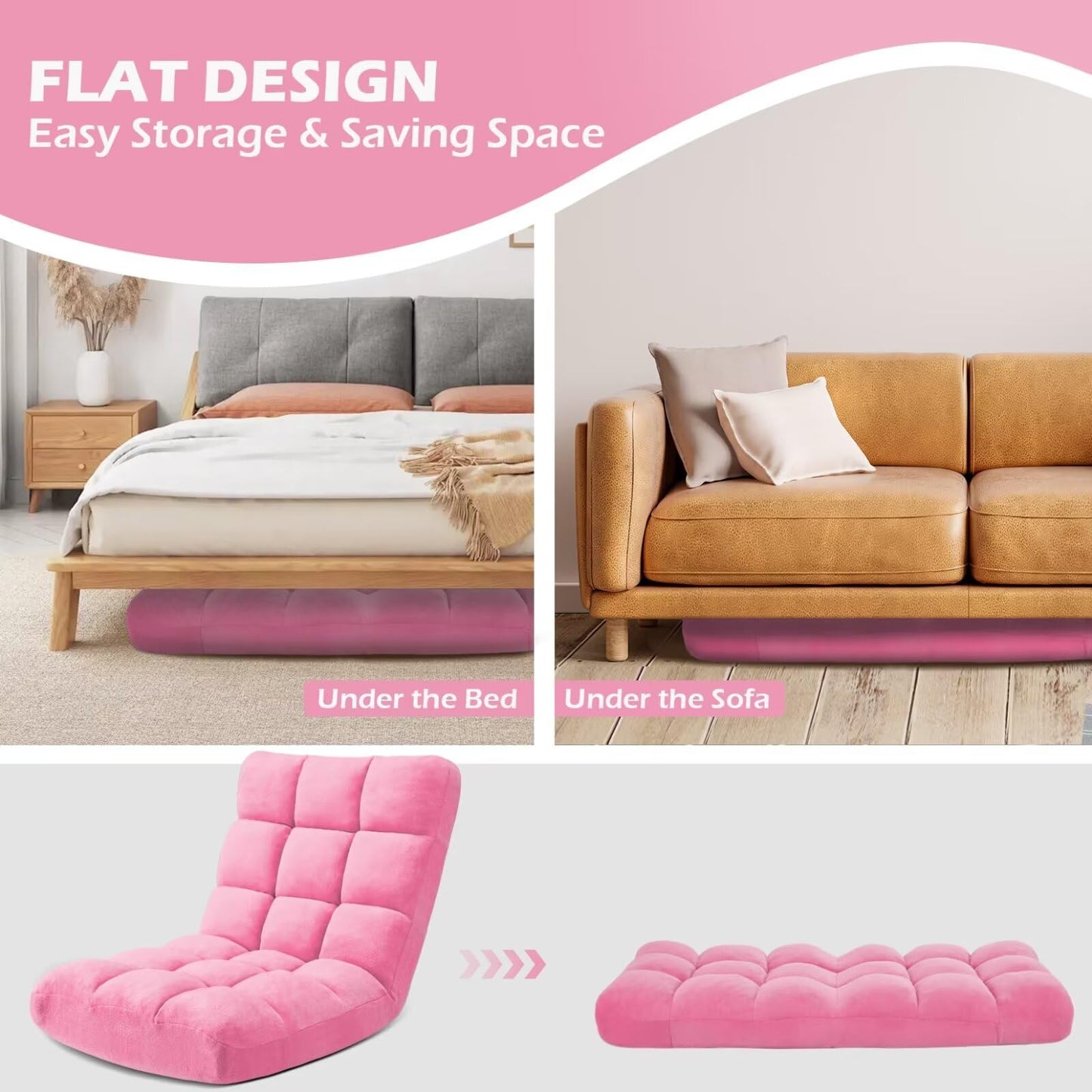 Avocahom Folding Floor Gaming Chair 14-Poistion Cushioned Adjustable Floor Lazy Sofa Chair w/Breathable Cotton & Skin-Friendly Coral Velve for Adults & Kids Perfect for Reading Gaming Meditating, Pink