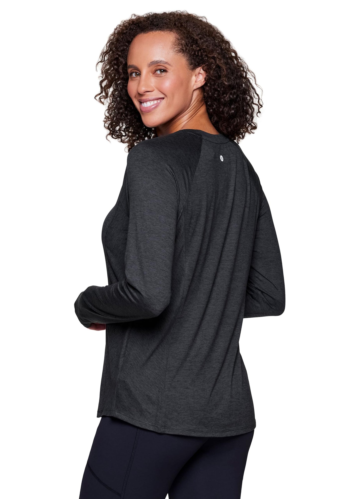 RBX Activewear Long Sleeve Running Top for Women, Lightweight Space Dye Buttery Soft Yoga Tee with Thumbholes Heathered Black S