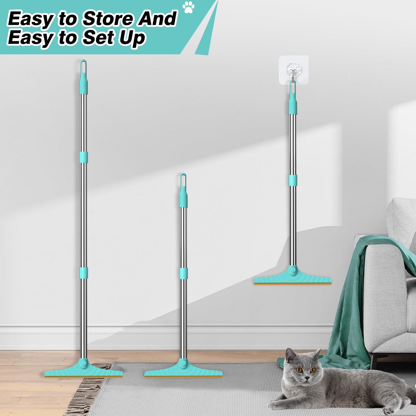 Carpet Rake for Pet Hair Removal, Reusable Cat Dog Hair Remover with 45’’ Long Handle Advanced Lint Remover Scraper for Carpets, Rugs, Mats, Couch