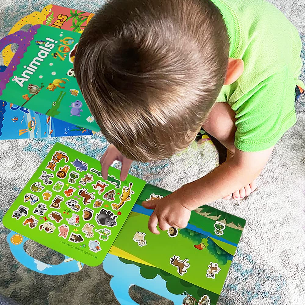 Reusable Sticker Books for Kids, 4 Sets Removable Toddler Sticker Book for Girls Boys Educational Learning Toys - Vehicle, Farm, Dinosaur & Zoo Animal