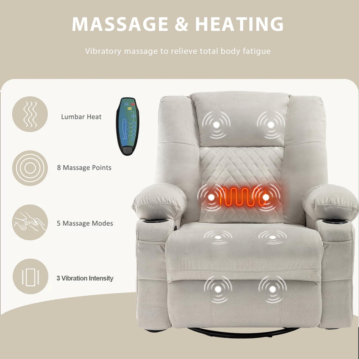 Swivel Recliner with Massage and Heat, Scratch-resistant Fabric Rocking Reclining Chairs for Adults, Overstuffed Recliners with Cup Holders, Modern Manual Rocker Recliner Chairs for Living Room, Beige