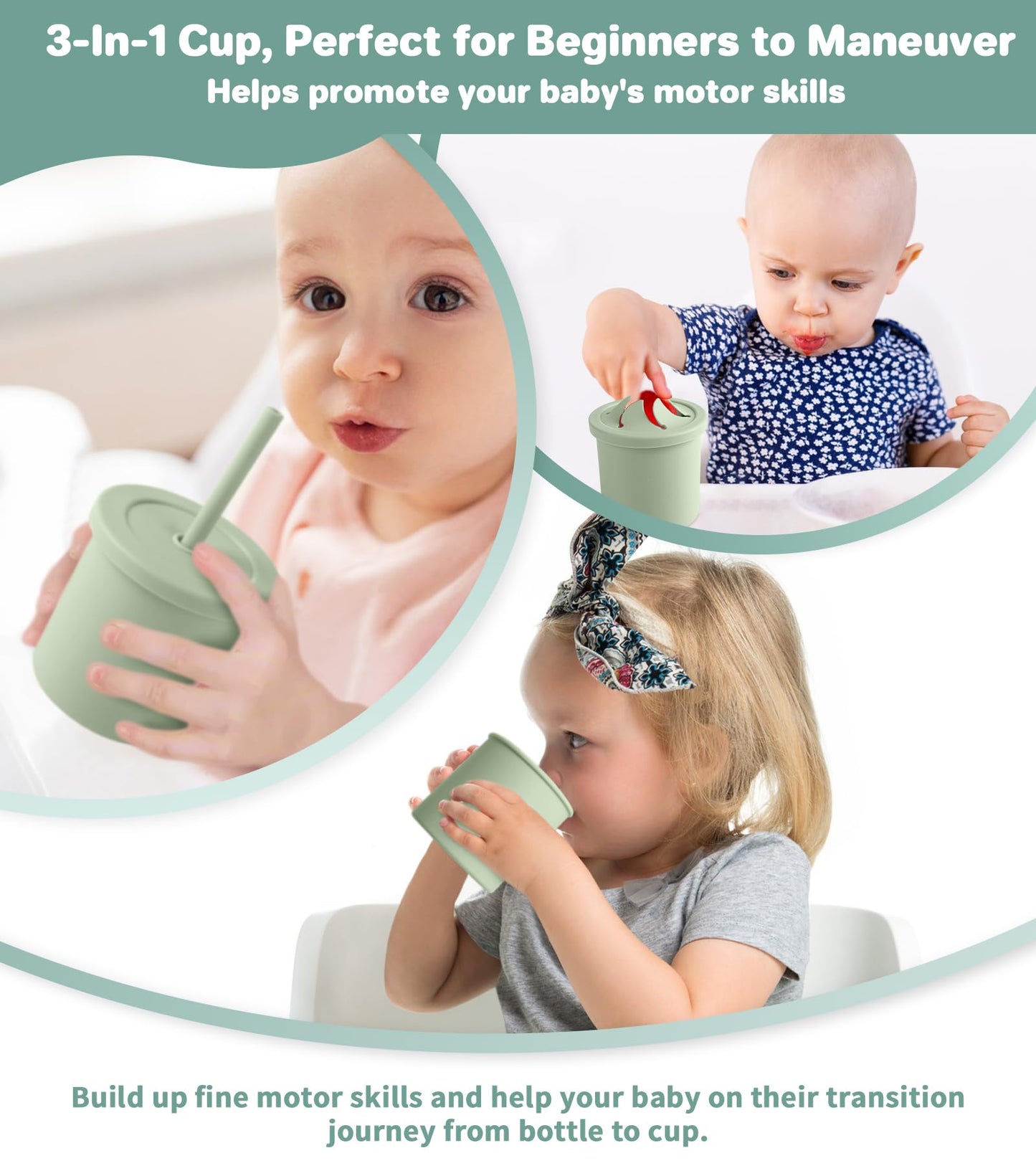 Silicone Baby Feeding Set, 10 Pcs Baby Led Weaning Supplies with Suction Bowl Divided Plate Adjustable Bib Soft Spoon Fork Snack Cup with Lid Drinking Cup, Utensil (Dark Green)