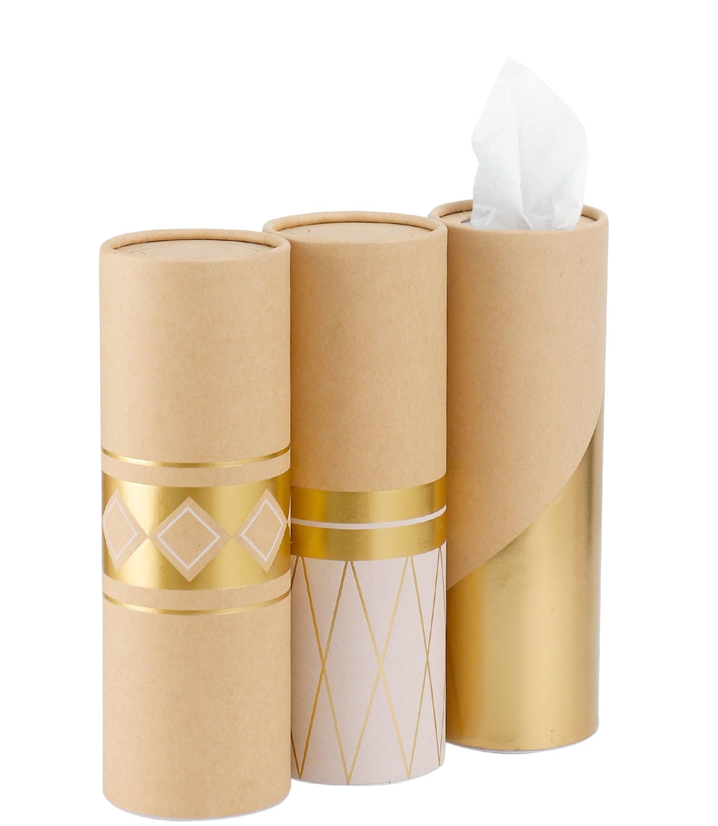Car Tissue Holder with 3-ply Facial Tissues Bulk - 4 PK Gold Foil Cylinder, for Car, Travel Cup Holder, Refill Box Round Container Kraft