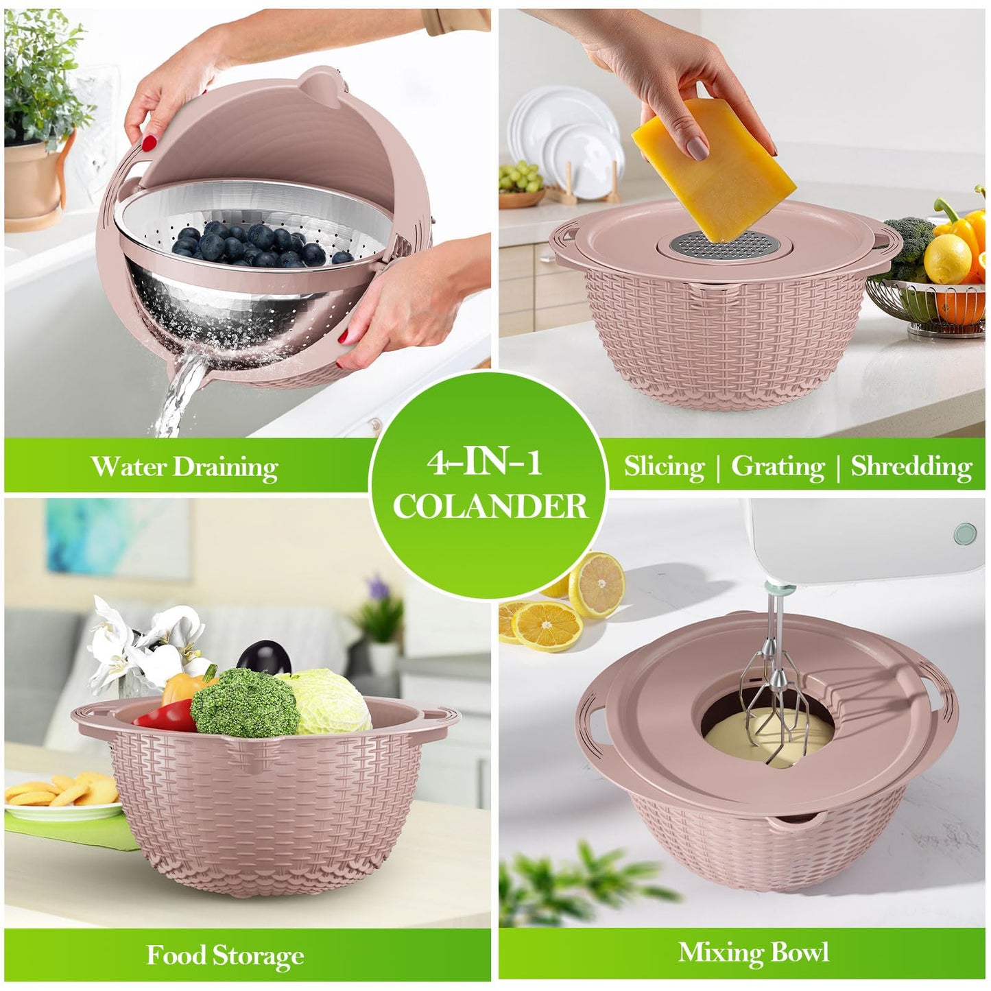 4-1 Strainer Bowl with Lid Set - Strainers and Colanders, Colander for Kitchen, Pasta Strainer, Fruit Cleaner, Veggie Wash, Funny Kitchen Present, Fruit Washing Bowl, Cooking Present for Women - Pink