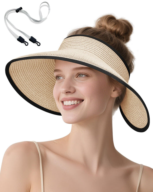 Sun Visor Hat for Women, Wide Brim Straw Visors Beach Hat Roll Up Foldable Beach Visors Summer UV Protection