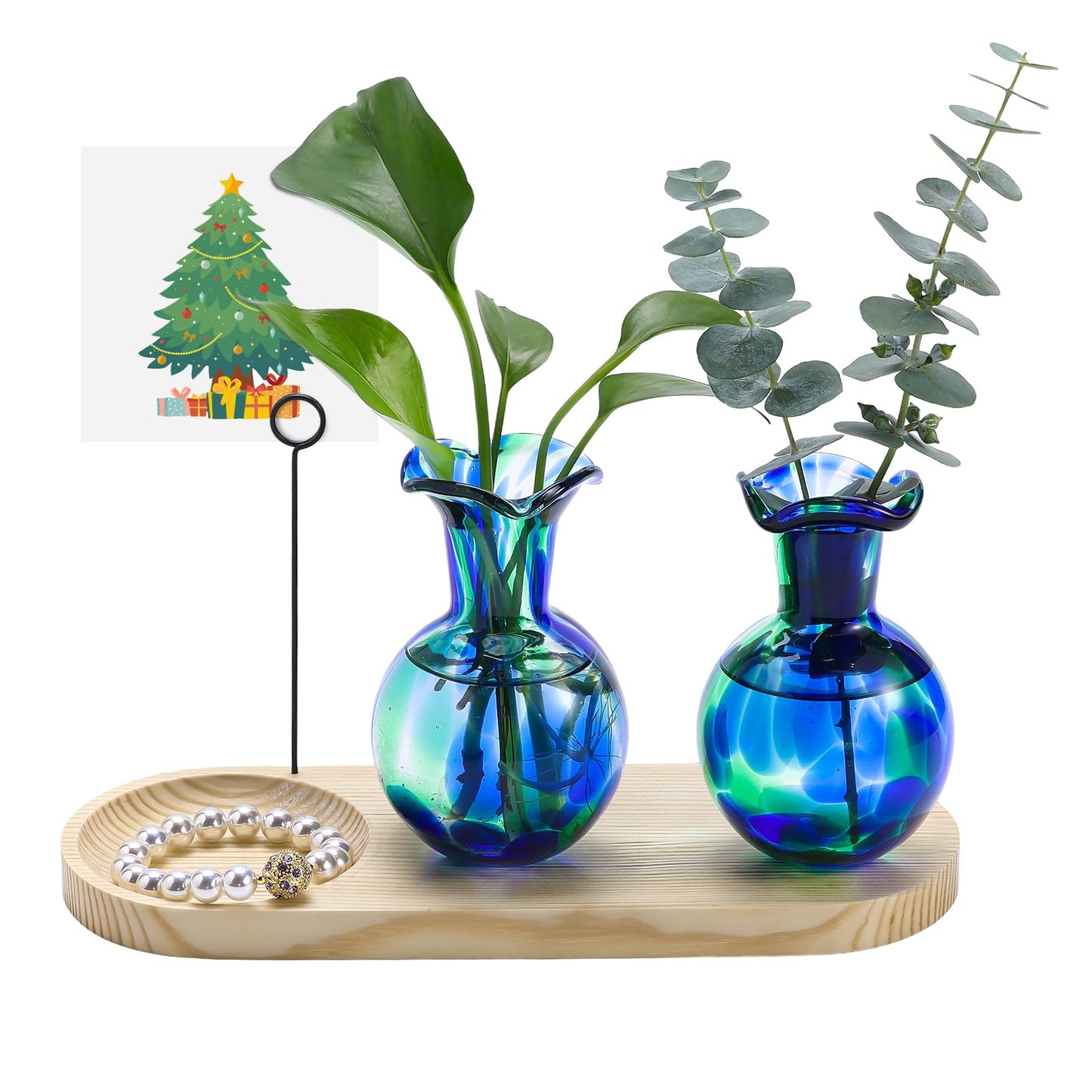 Pozfun Tabletop Hand Blown Glass Plant Propagation Stations Planter Terrarium with Wooden Jewelry Tray and Photo Holder Hydroponic Plants Centerpiece Office Home Garden Decor