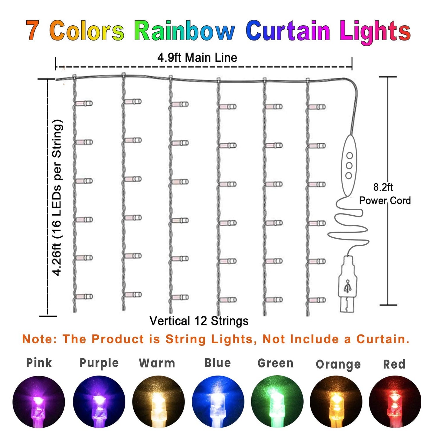 Rainbow Fairy String Curtain Lights with Remote, Twinkle LED Icicle Rainbow Lights Curtain for Girls Room, Bedroom, Teen Room, Kids Room, Unicorn Room, Party, Holiday Décor (Rainbow)