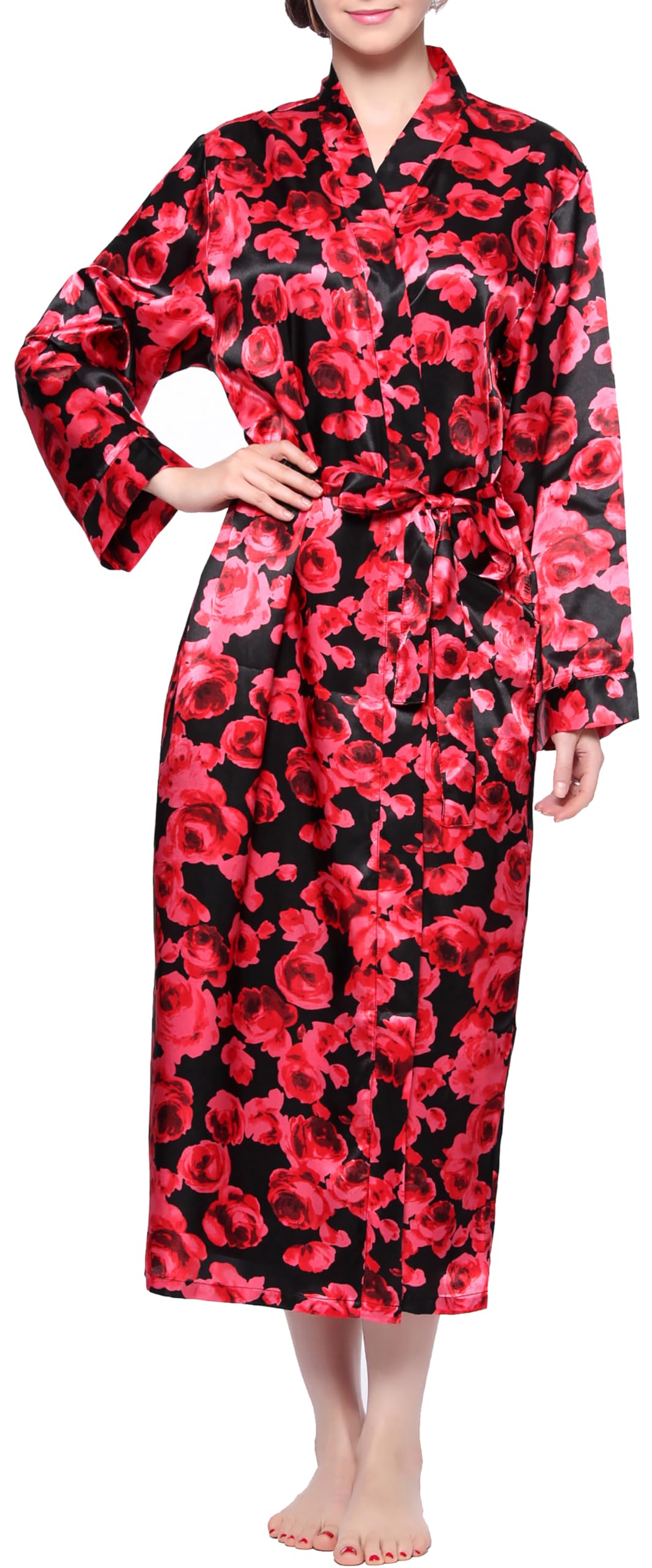 Lavenderi Women's Long Classic Satin Kimono Lounge Bathrobe Robe (Large, Red Floral Print)