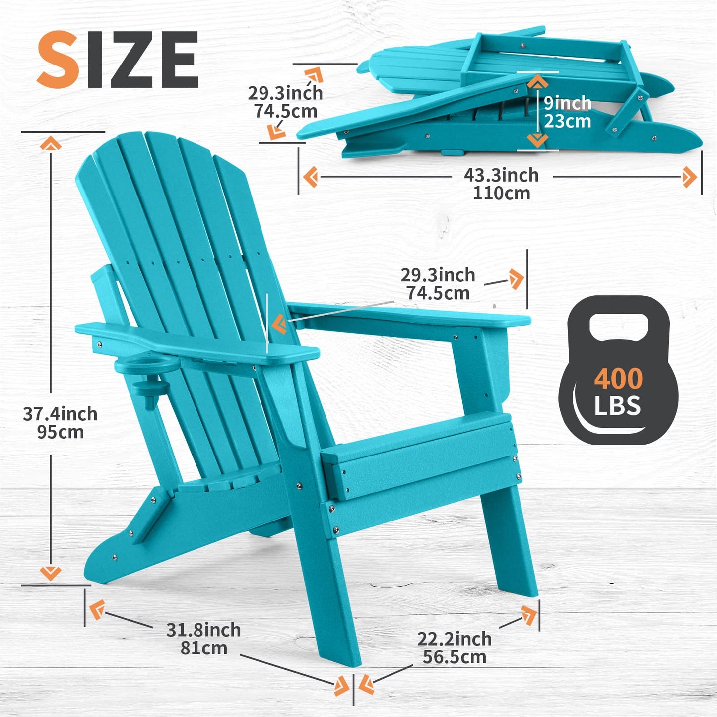 FUNBERRY Folding Adirondack Chair Set of 2, All Weather HDPE Fire Pit Chairs with Cup Holder for Outdoor