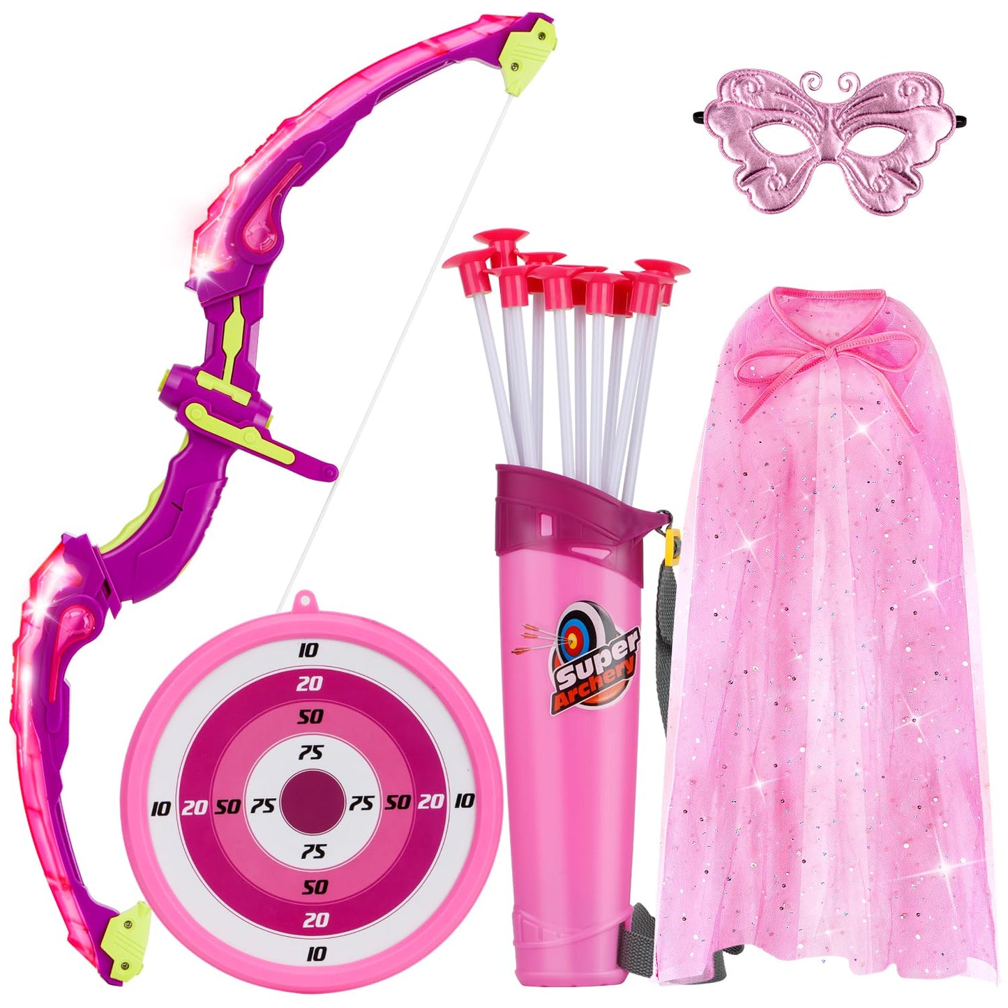 VGOFUN Kids Bow and Arrow Set: LED Light Up Archery Toy with Princess Cape and Headband, 10 Suction Cup Arrows, Outdoor Toys Gifts for 3-8 Year Old Girls (Archery Set with Butterfly Mask)