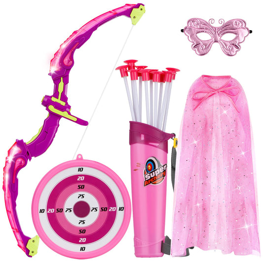 VGOFUN Kids Bow and Arrow Set: LED Light Up Archery Toy with Princess Cape and Headband, 10 Suction Cup Arrows, Outdoor Toys Gifts for 3-8 Year Old Girls (Archery Set with Butterfly Mask)