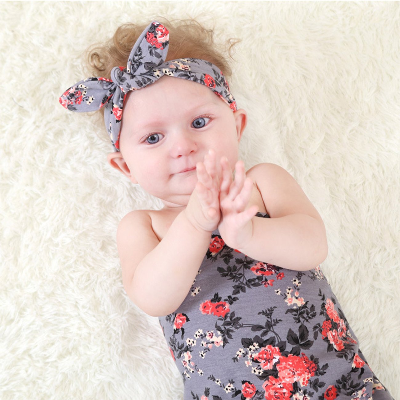 DRESHOW BQUBO 3 Sets Receiving Blanket with Headbands Newborn Baby Floral Printed Baby Shower Swaddle Gift