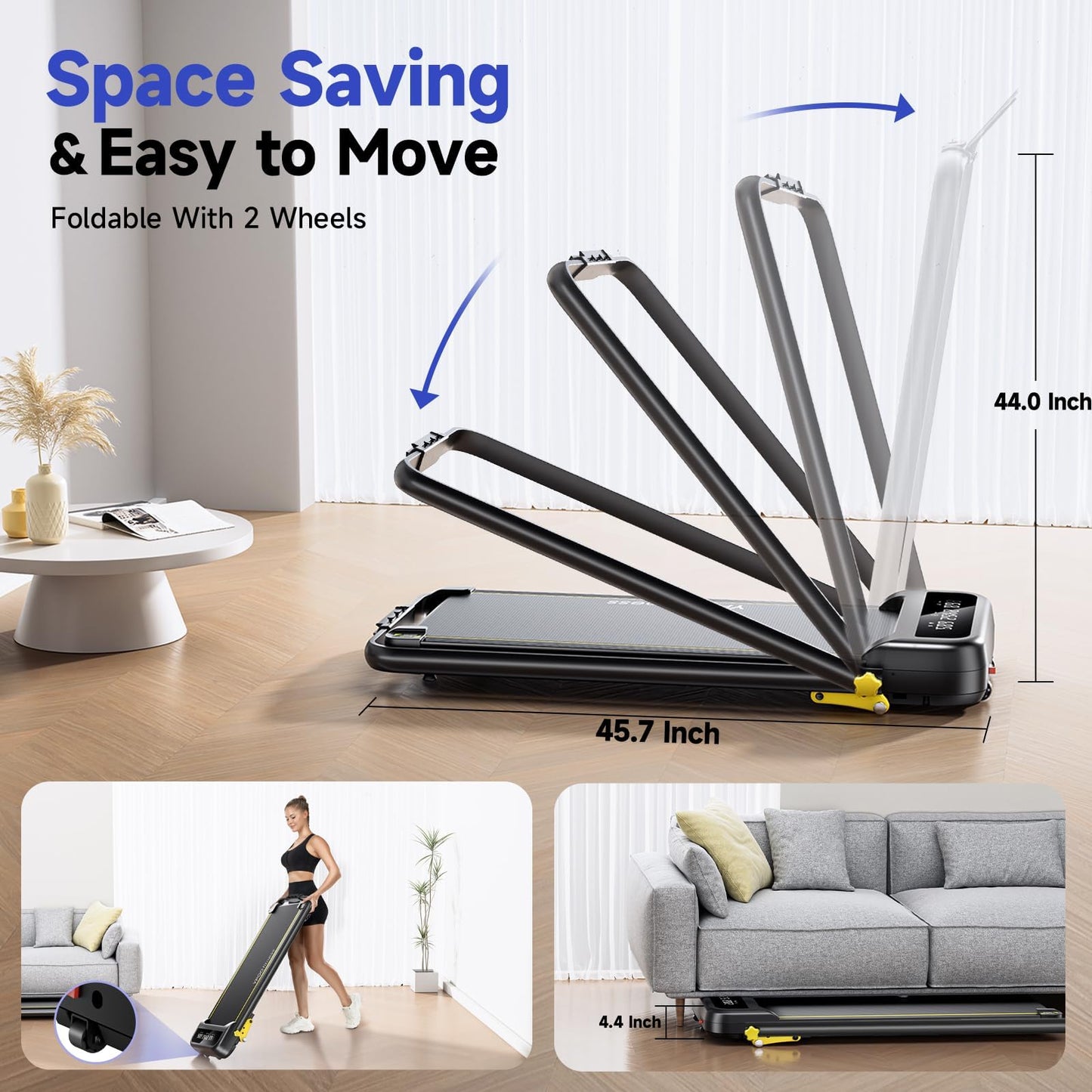 YPOO Foldable Treadmill with Incline, Walking Pad with Handle Bar 3 Level Incline, Portable Folding Treadmills for Home/Office 300 Lbs Capacity, Quiet Desk Treadmill with Remote Control & APP