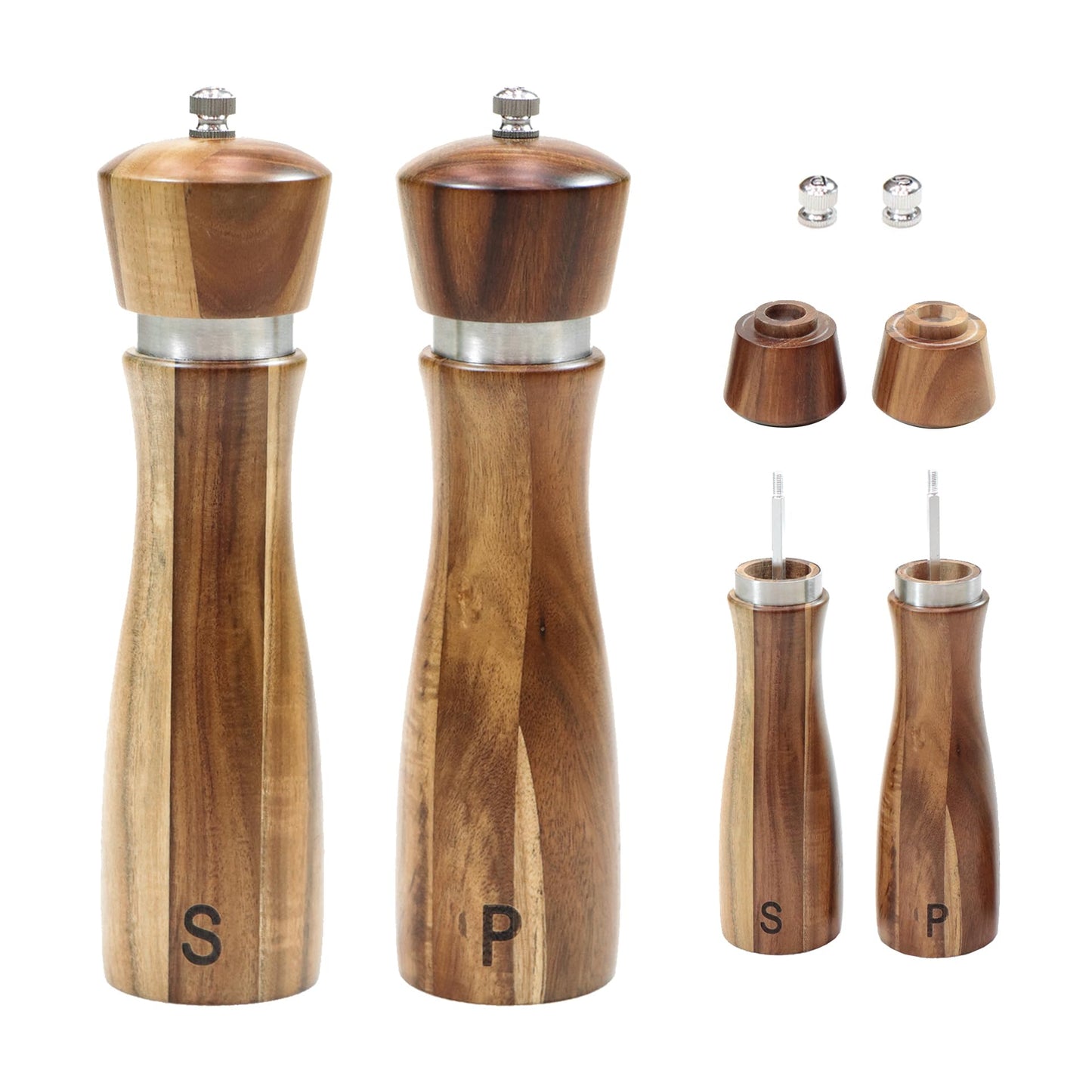 8-Inch Acacia Wood Salt and Pepper Grinders with Adjustable Ceramic Mechanism,Refillable Mills for Fine or Coarse Spices